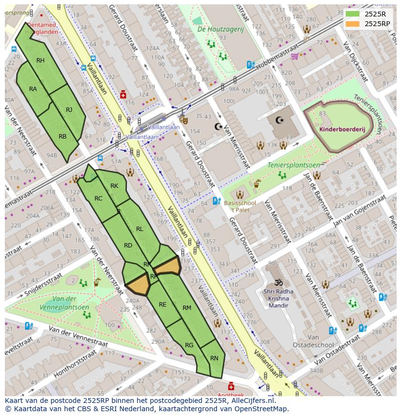 Afbeelding van het postcodegebied 2525 RP op de kaart.