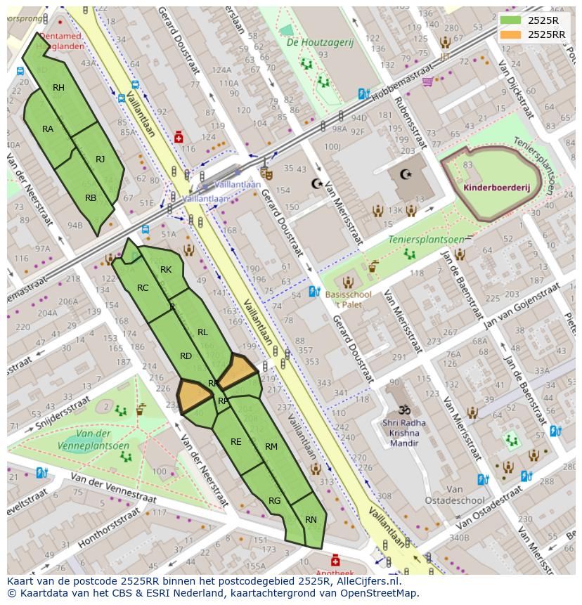 Afbeelding van het postcodegebied 2525 RR op de kaart.