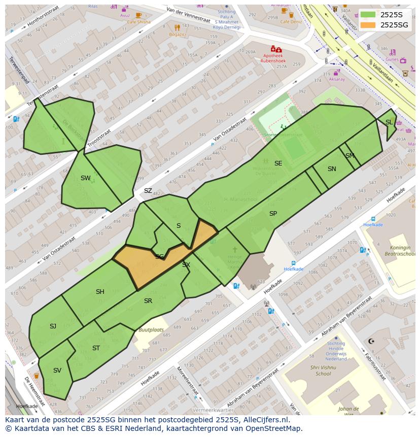 Afbeelding van het postcodegebied 2525 SG op de kaart.