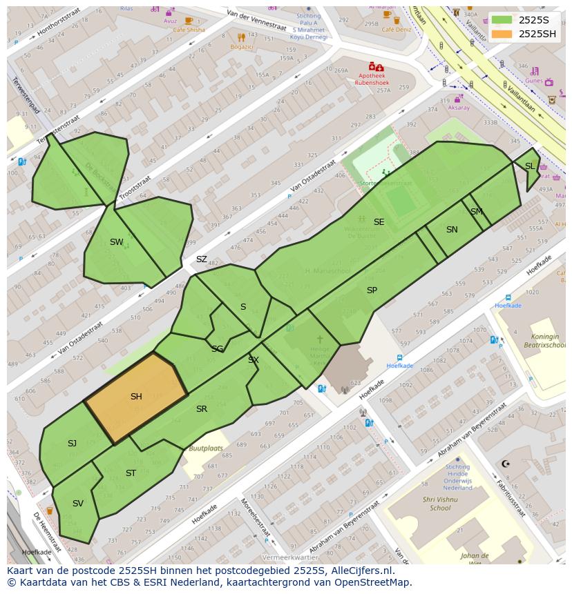 Afbeelding van het postcodegebied 2525 SH op de kaart.