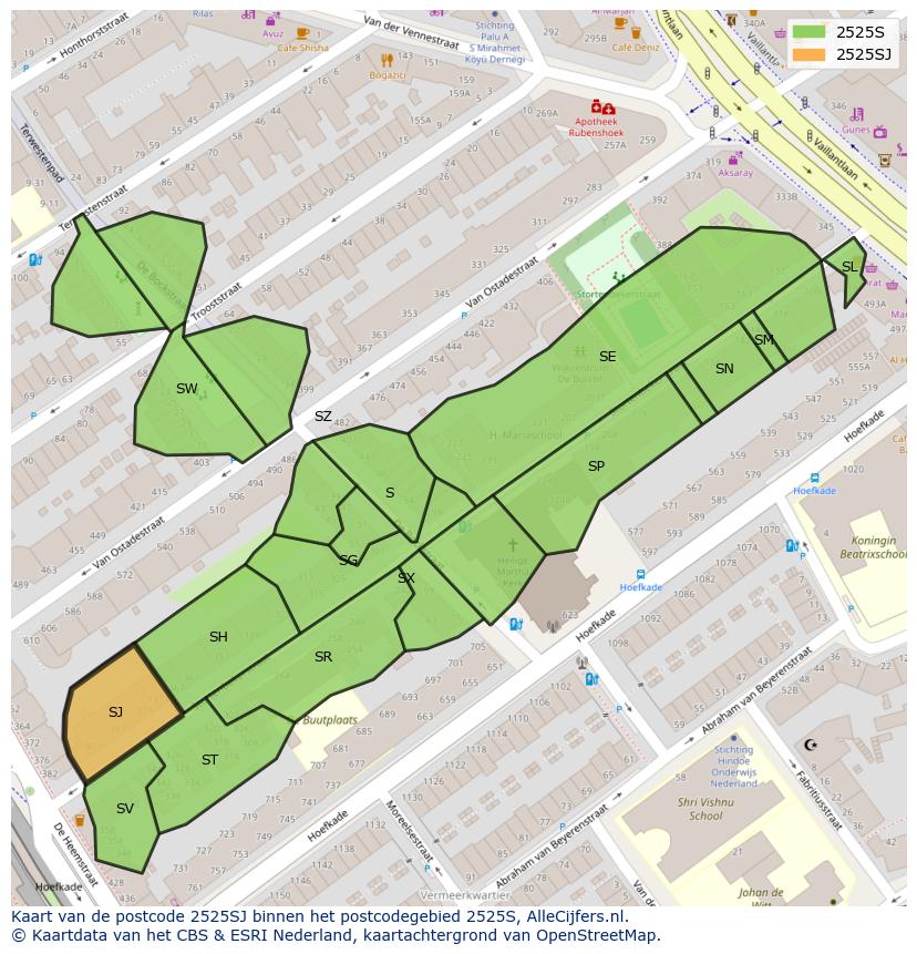 Afbeelding van het postcodegebied 2525 SJ op de kaart.