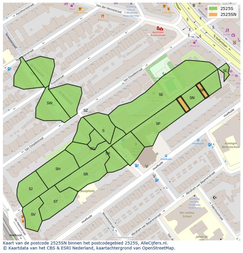 Afbeelding van het postcodegebied 2525 SN op de kaart.