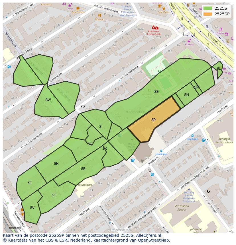 Afbeelding van het postcodegebied 2525 SP op de kaart.