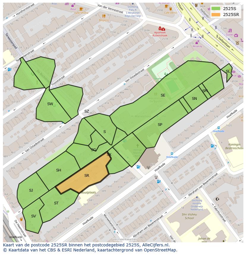 Afbeelding van het postcodegebied 2525 SR op de kaart.