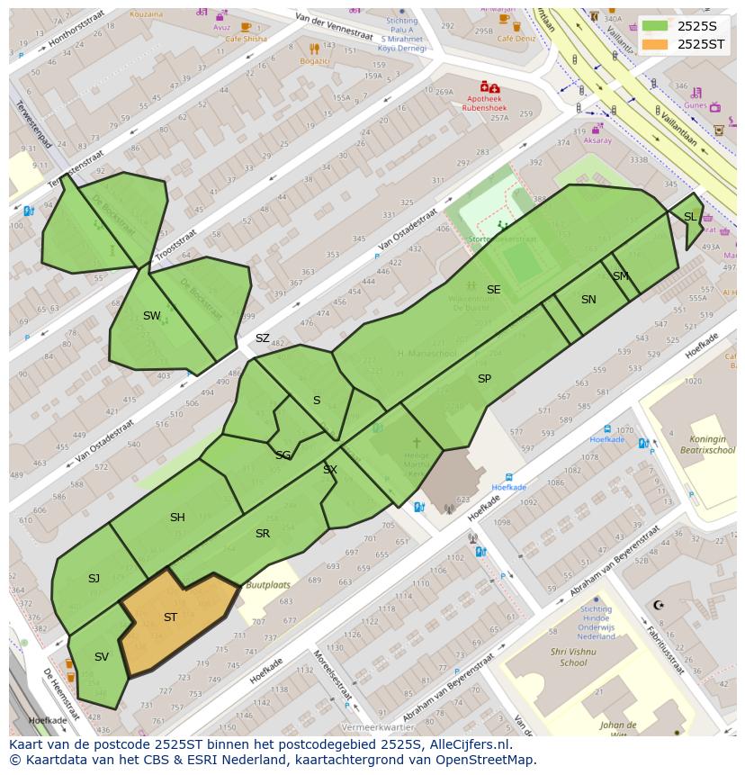 Afbeelding van het postcodegebied 2525 ST op de kaart.