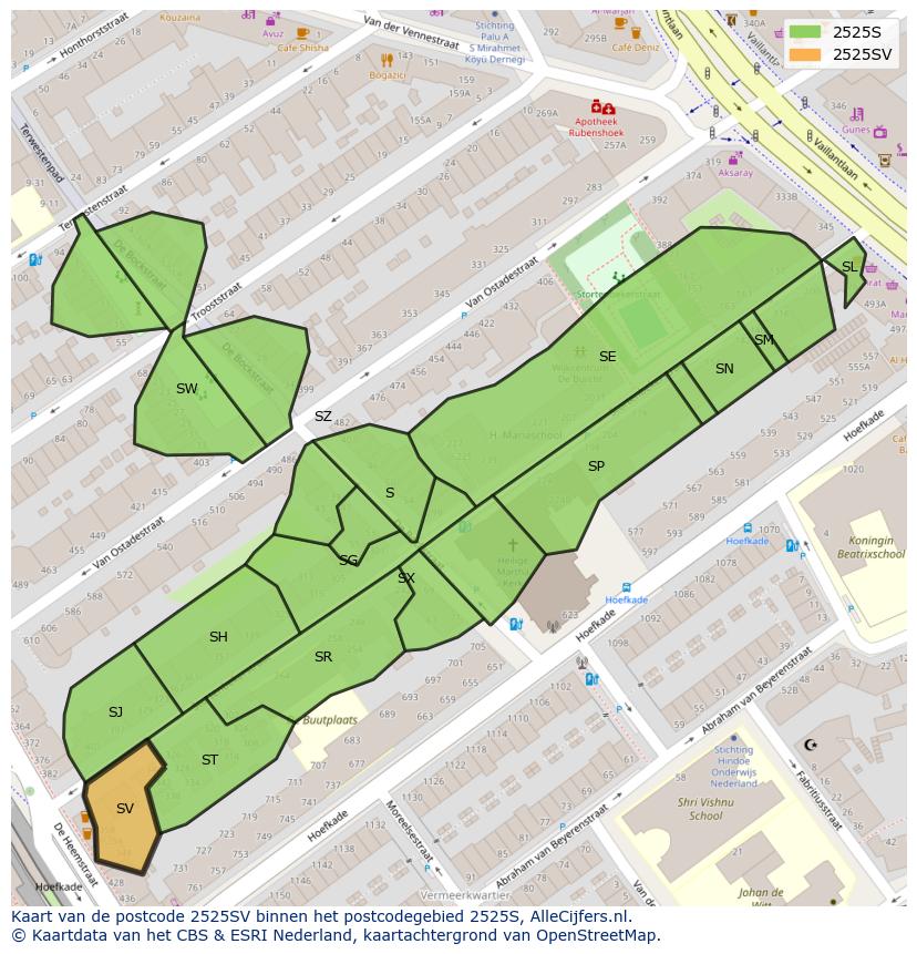 Afbeelding van het postcodegebied 2525 SV op de kaart.