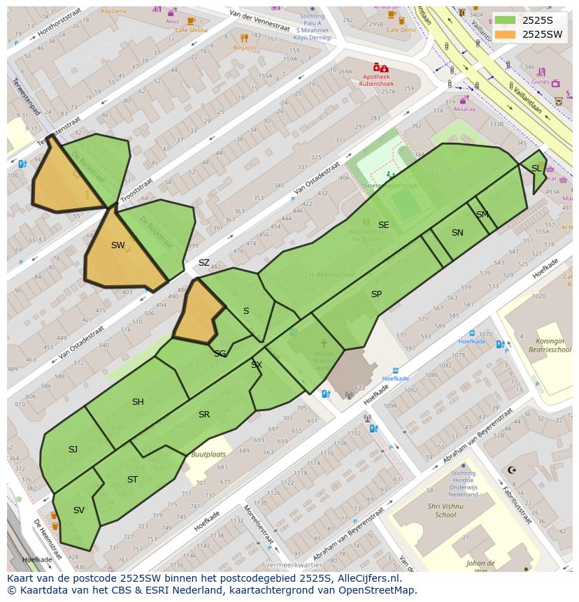 Afbeelding van het postcodegebied 2525 SW op de kaart.