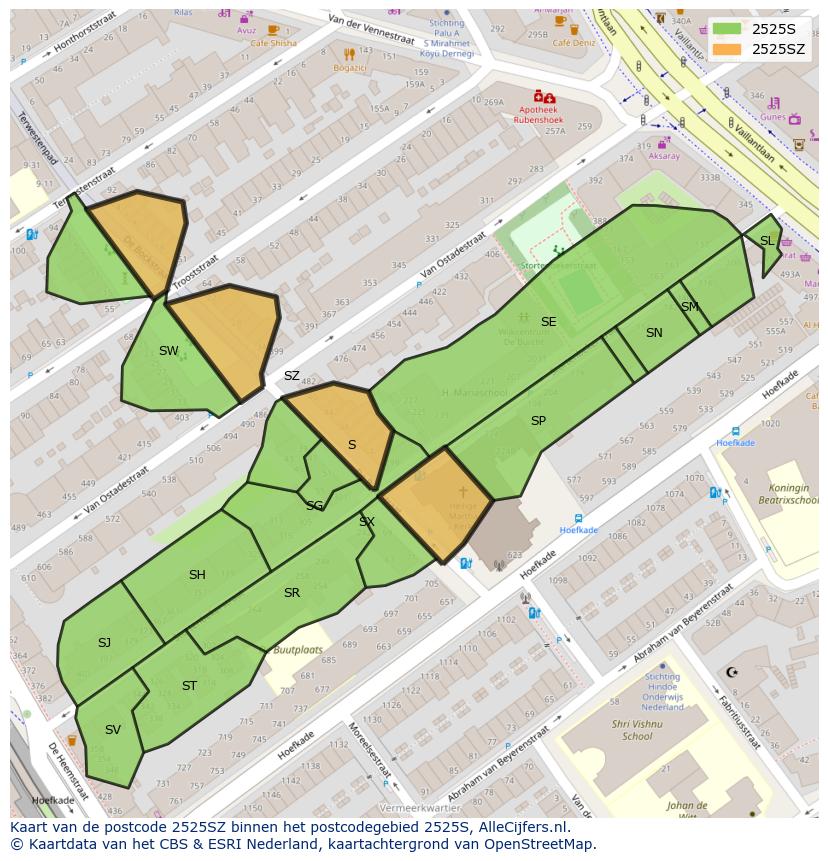 Afbeelding van het postcodegebied 2525 SZ op de kaart.