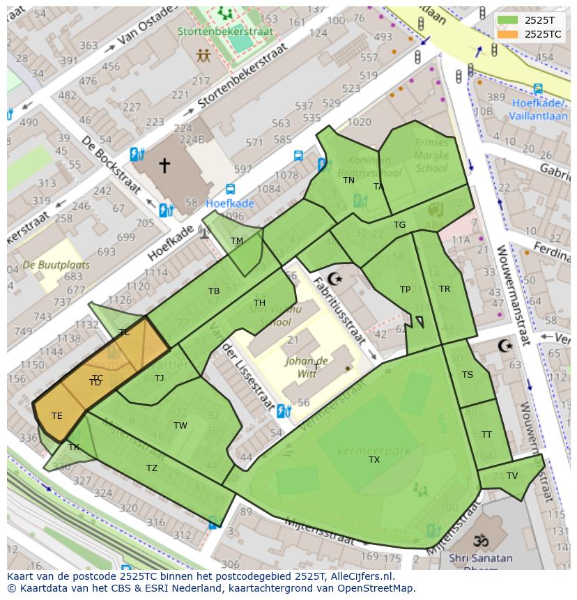 Afbeelding van het postcodegebied 2525 TC op de kaart.
