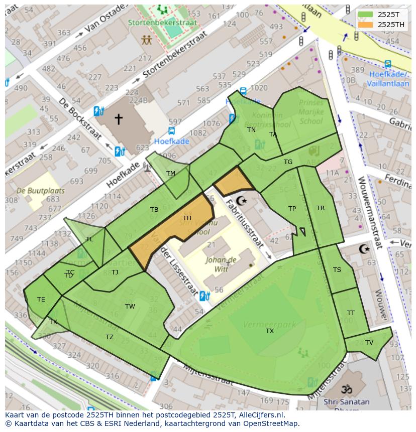 Afbeelding van het postcodegebied 2525 TH op de kaart.