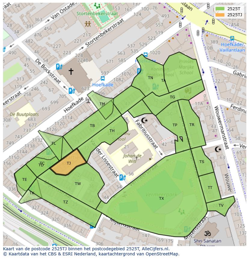 Afbeelding van het postcodegebied 2525 TJ op de kaart.
