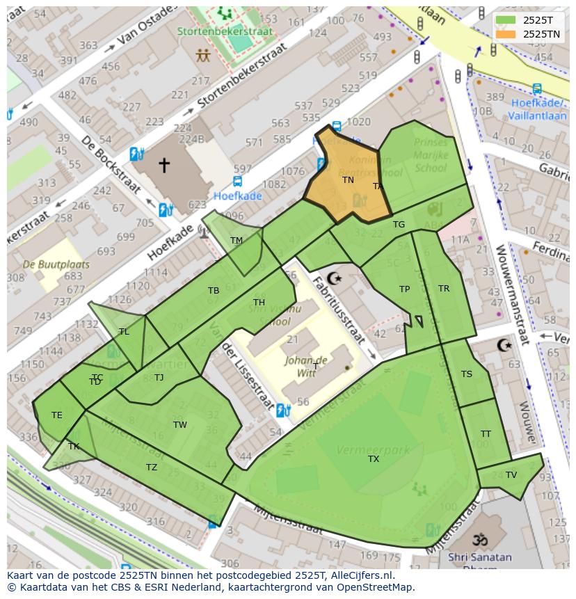 Afbeelding van het postcodegebied 2525 TN op de kaart.