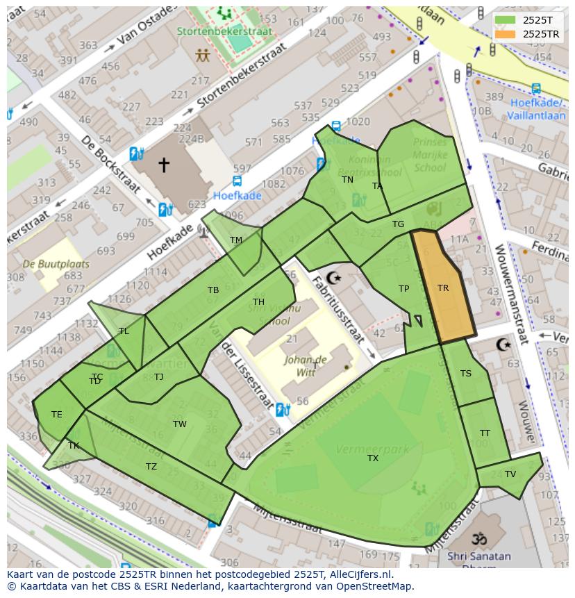 Afbeelding van het postcodegebied 2525 TR op de kaart.