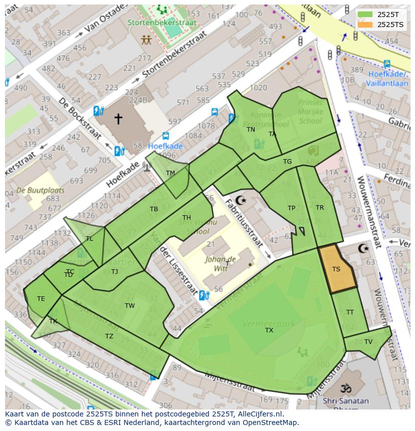 Afbeelding van het postcodegebied 2525 TS op de kaart.
