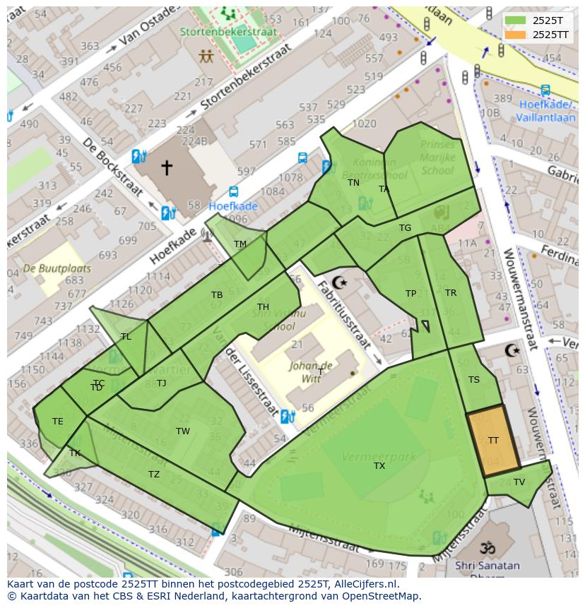 Afbeelding van het postcodegebied 2525 TT op de kaart.