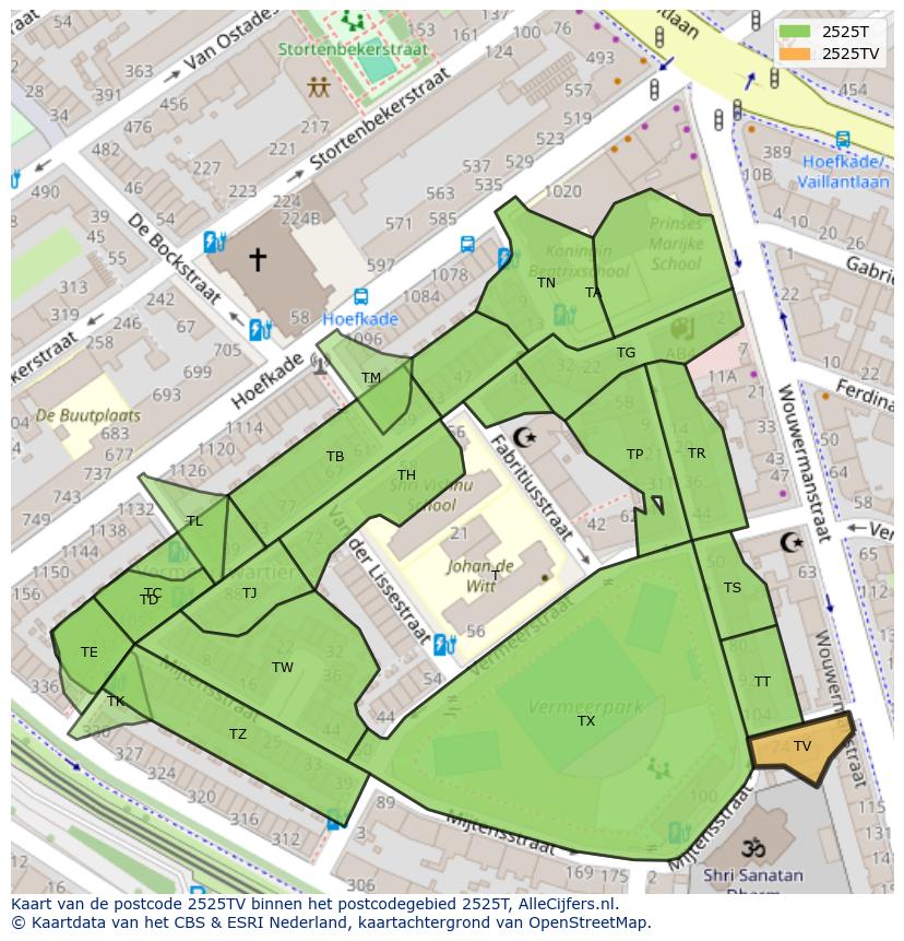 Afbeelding van het postcodegebied 2525 TV op de kaart.