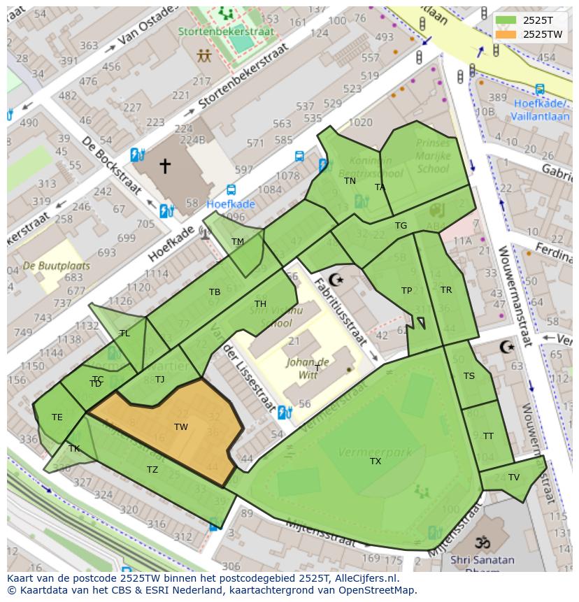 Afbeelding van het postcodegebied 2525 TW op de kaart.