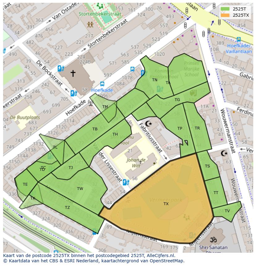 Afbeelding van het postcodegebied 2525 TX op de kaart.