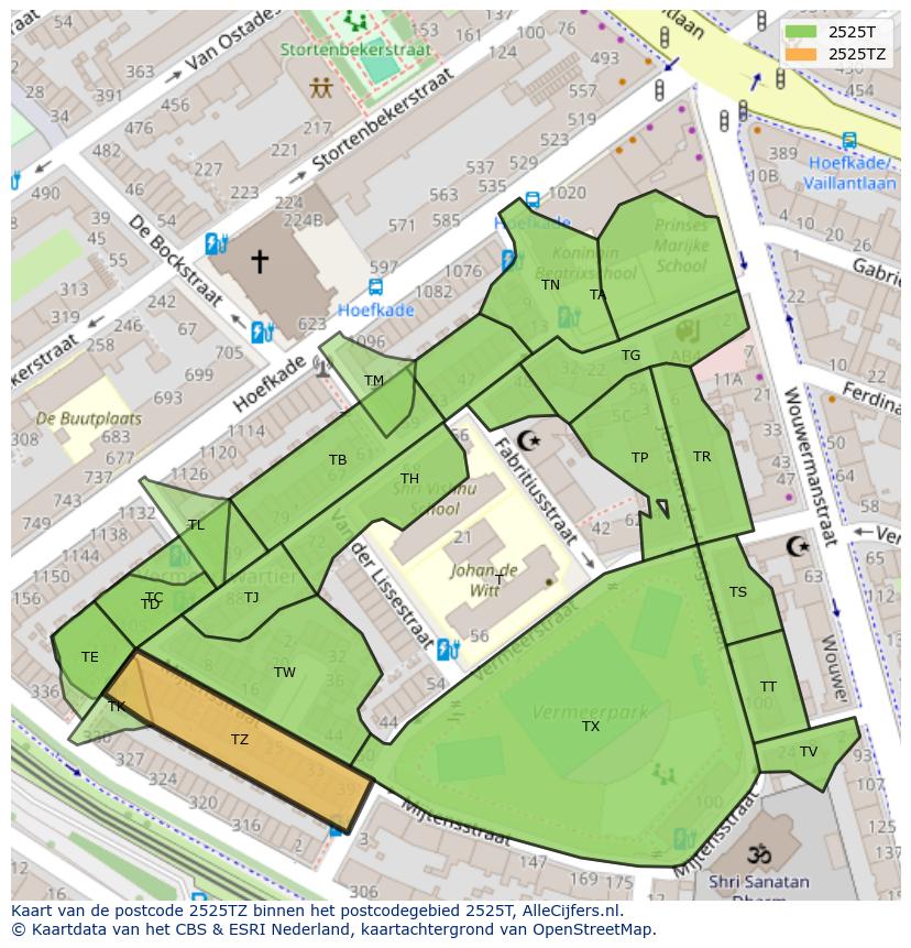 Afbeelding van het postcodegebied 2525 TZ op de kaart.