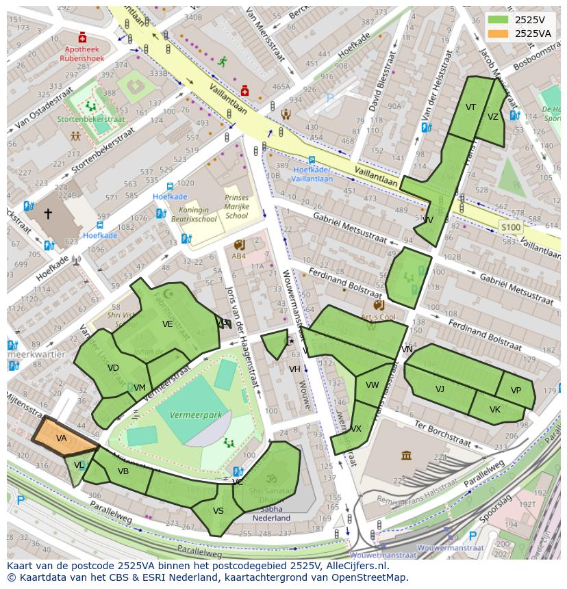 Afbeelding van het postcodegebied 2525 VA op de kaart.