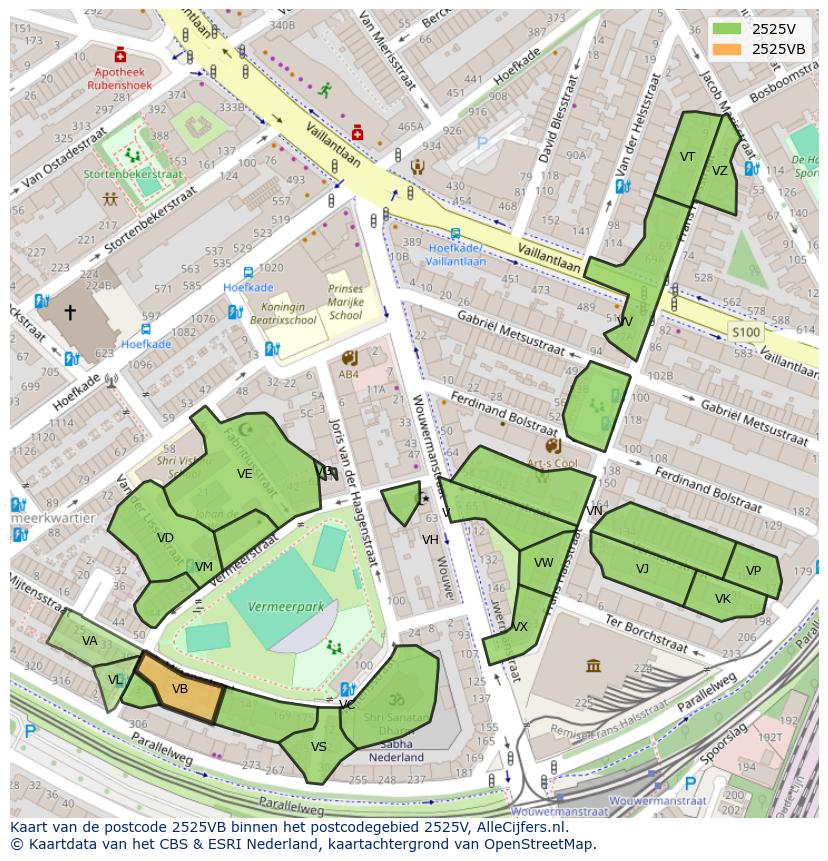 Afbeelding van het postcodegebied 2525 VB op de kaart.