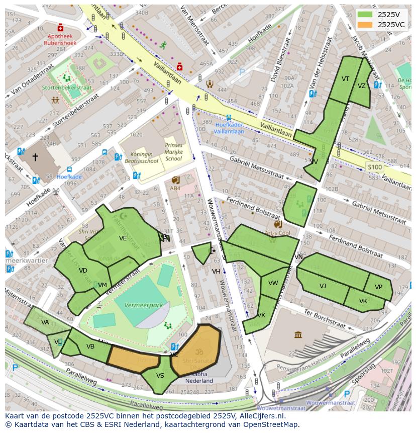 Afbeelding van het postcodegebied 2525 VC op de kaart.