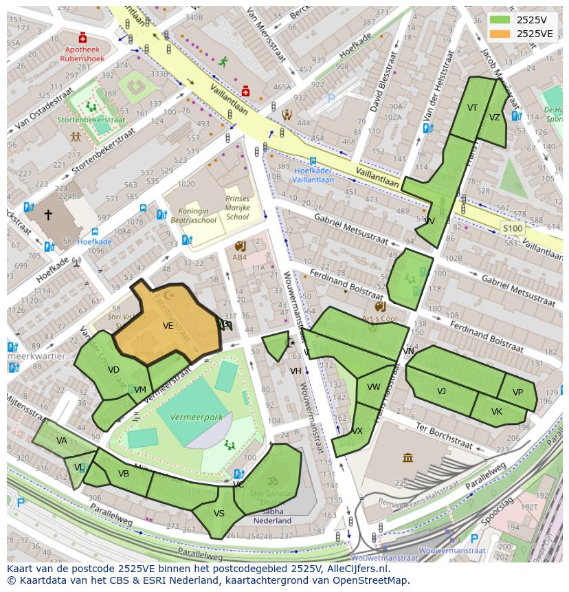 Afbeelding van het postcodegebied 2525 VE op de kaart.