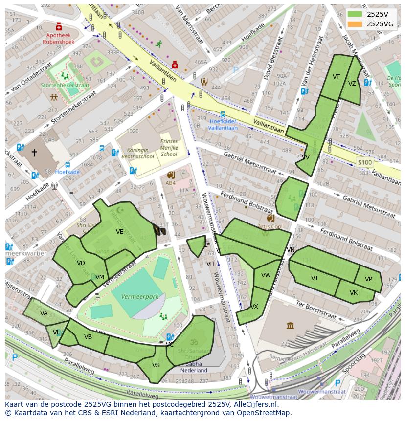 Afbeelding van het postcodegebied 2525 VG op de kaart.