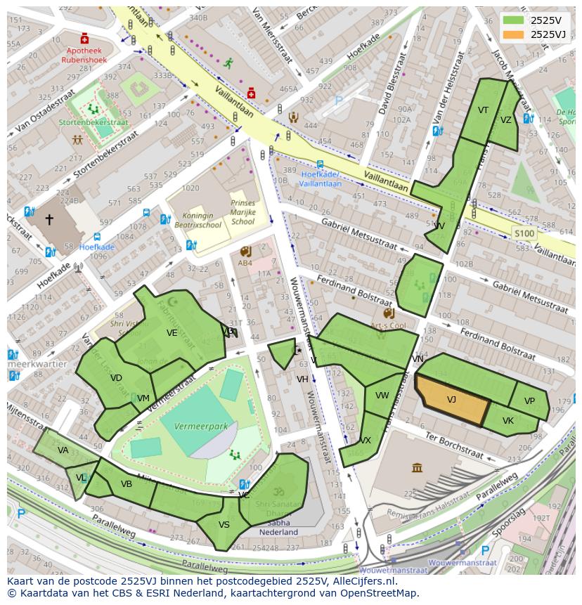 Afbeelding van het postcodegebied 2525 VJ op de kaart.