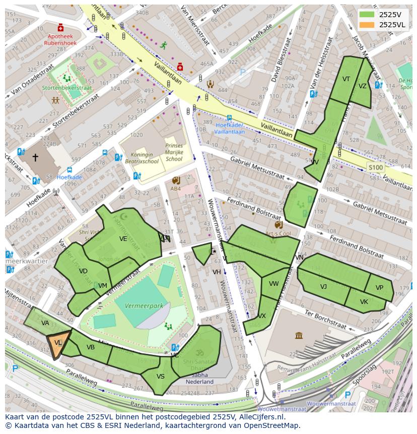 Afbeelding van het postcodegebied 2525 VL op de kaart.