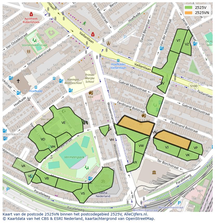 Afbeelding van het postcodegebied 2525 VN op de kaart.