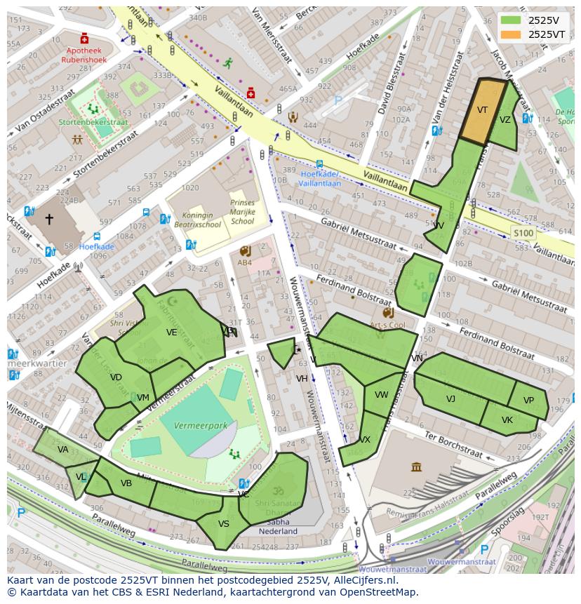 Afbeelding van het postcodegebied 2525 VT op de kaart.