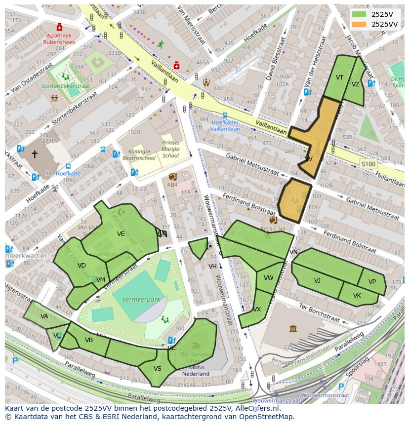 Afbeelding van het postcodegebied 2525 VV op de kaart.