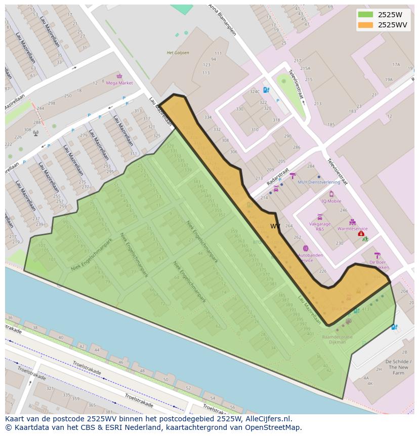 Afbeelding van het postcodegebied 2525 WV op de kaart.