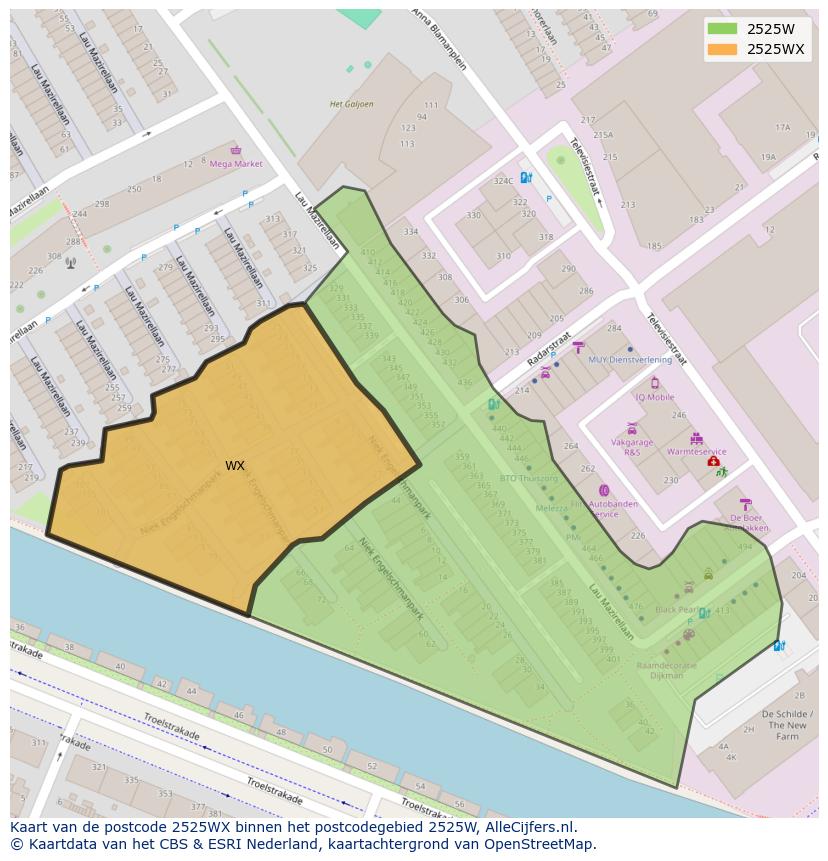 Afbeelding van het postcodegebied 2525 WX op de kaart.