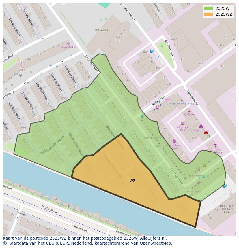 Afbeelding van het postcodegebied 2525 WZ op de kaart.