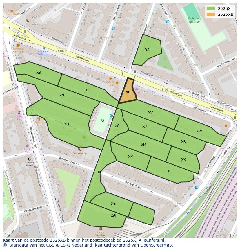 Afbeelding van het postcodegebied 2525 XB op de kaart.
