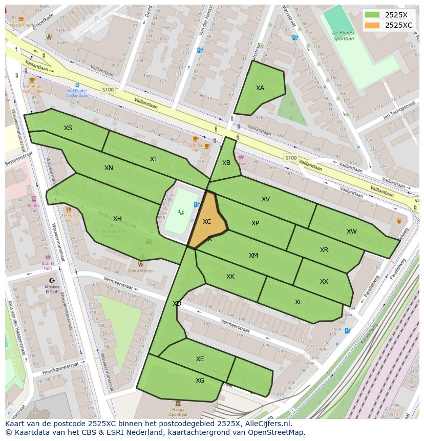Afbeelding van het postcodegebied 2525 XC op de kaart.