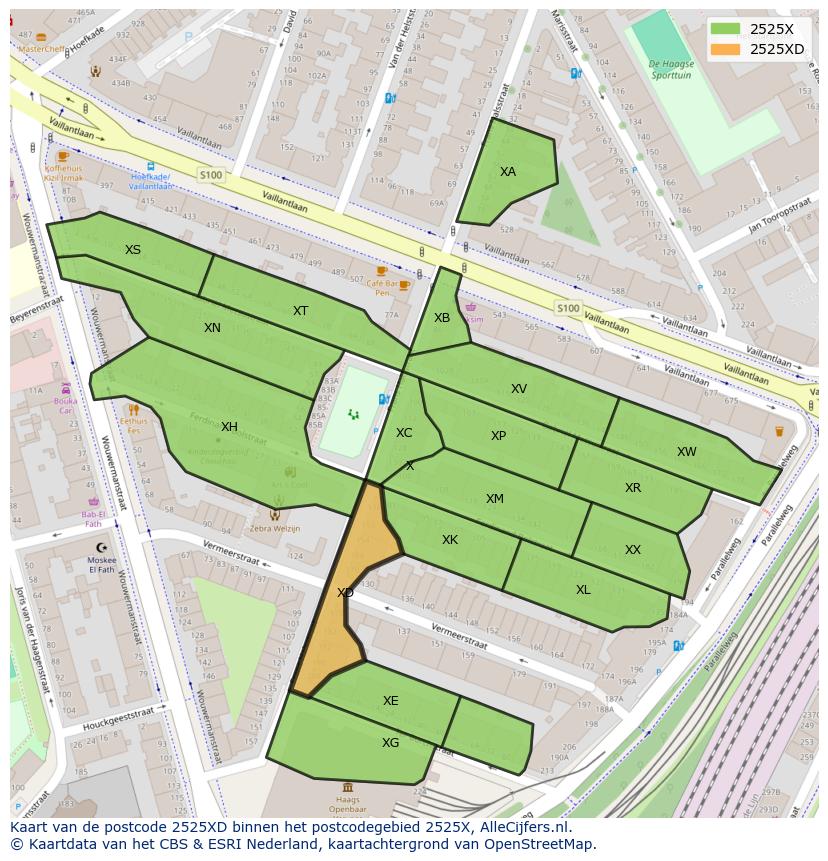 Afbeelding van het postcodegebied 2525 XD op de kaart.