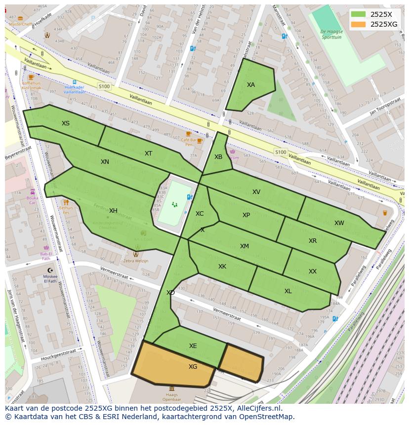 Afbeelding van het postcodegebied 2525 XG op de kaart.