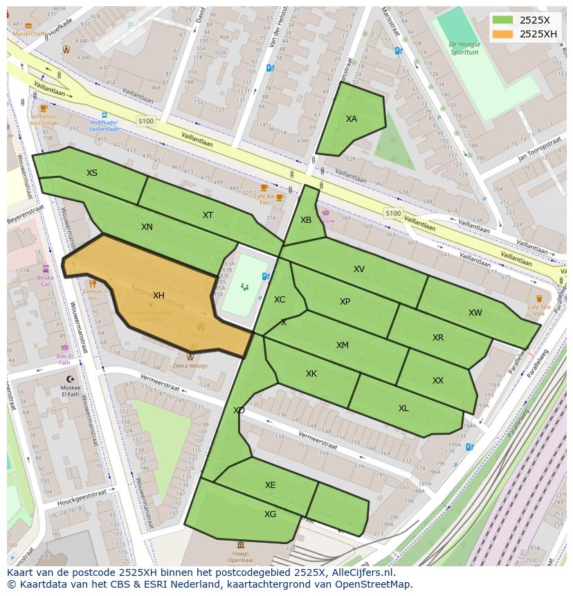 Afbeelding van het postcodegebied 2525 XH op de kaart.
