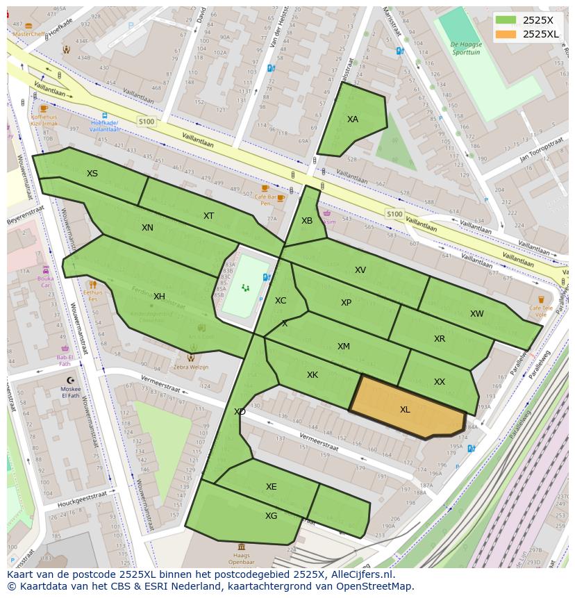 Afbeelding van het postcodegebied 2525 XL op de kaart.