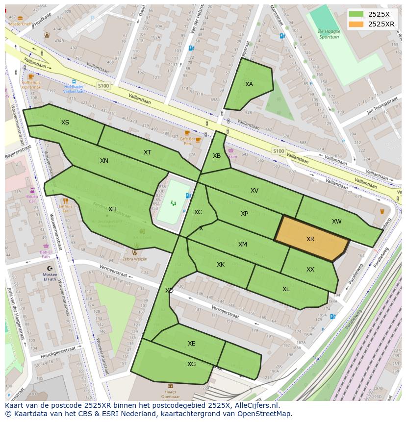 Afbeelding van het postcodegebied 2525 XR op de kaart.