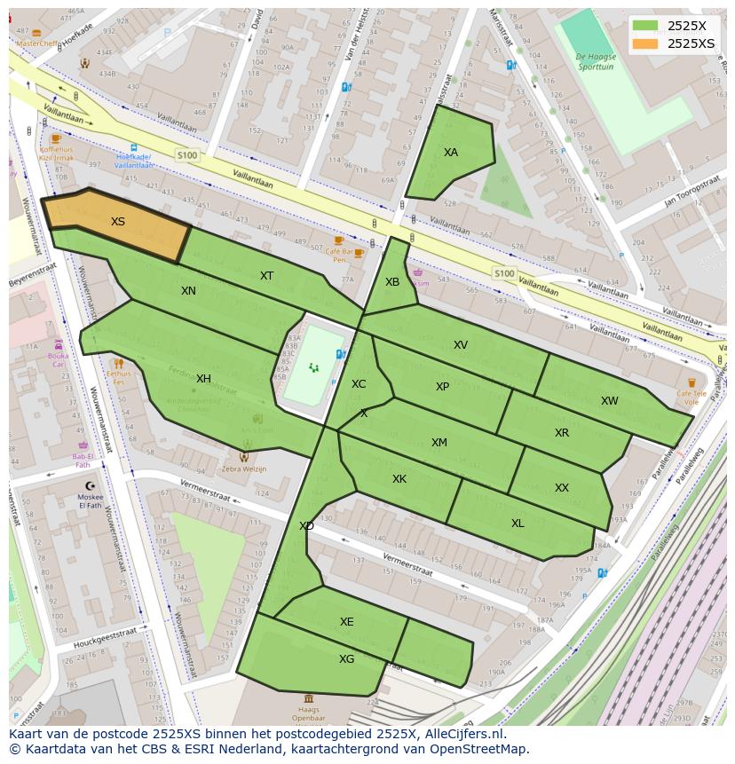 Afbeelding van het postcodegebied 2525 XS op de kaart.