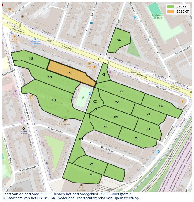 Afbeelding van het postcodegebied 2525 XT op de kaart.