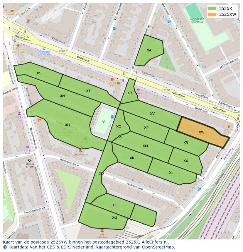 Afbeelding van het postcodegebied 2525 XW op de kaart.
