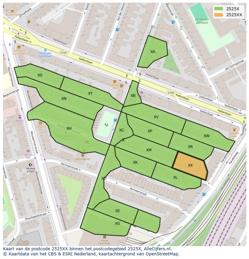 Afbeelding van het postcodegebied 2525 XX op de kaart.