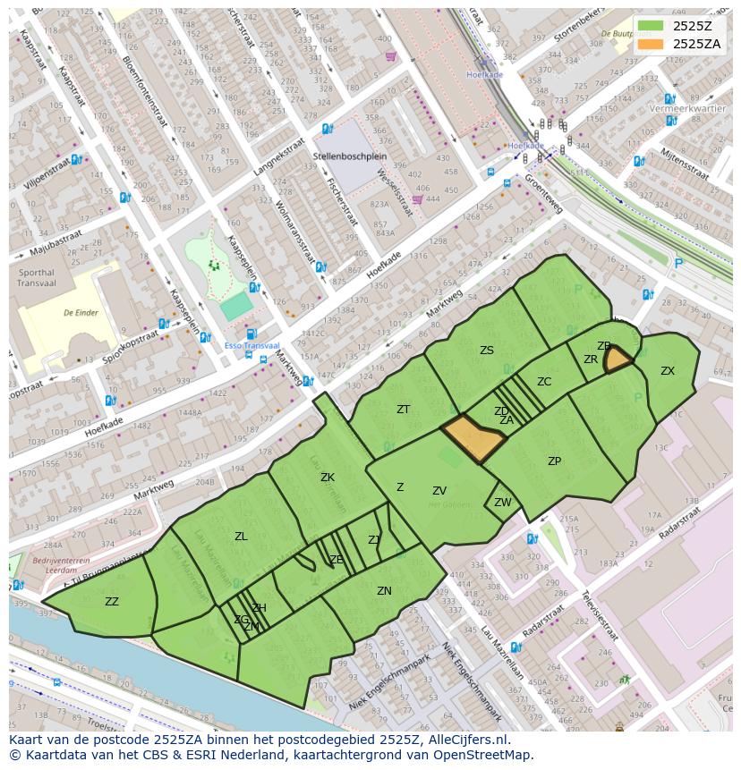 Afbeelding van het postcodegebied 2525 ZA op de kaart.