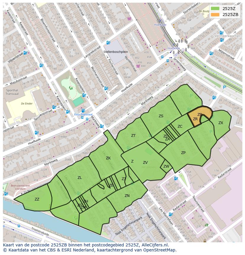 Afbeelding van het postcodegebied 2525 ZB op de kaart.