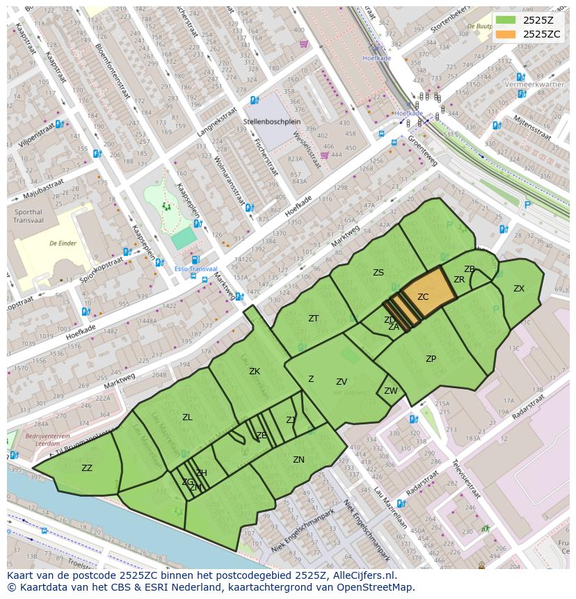 Afbeelding van het postcodegebied 2525 ZC op de kaart.